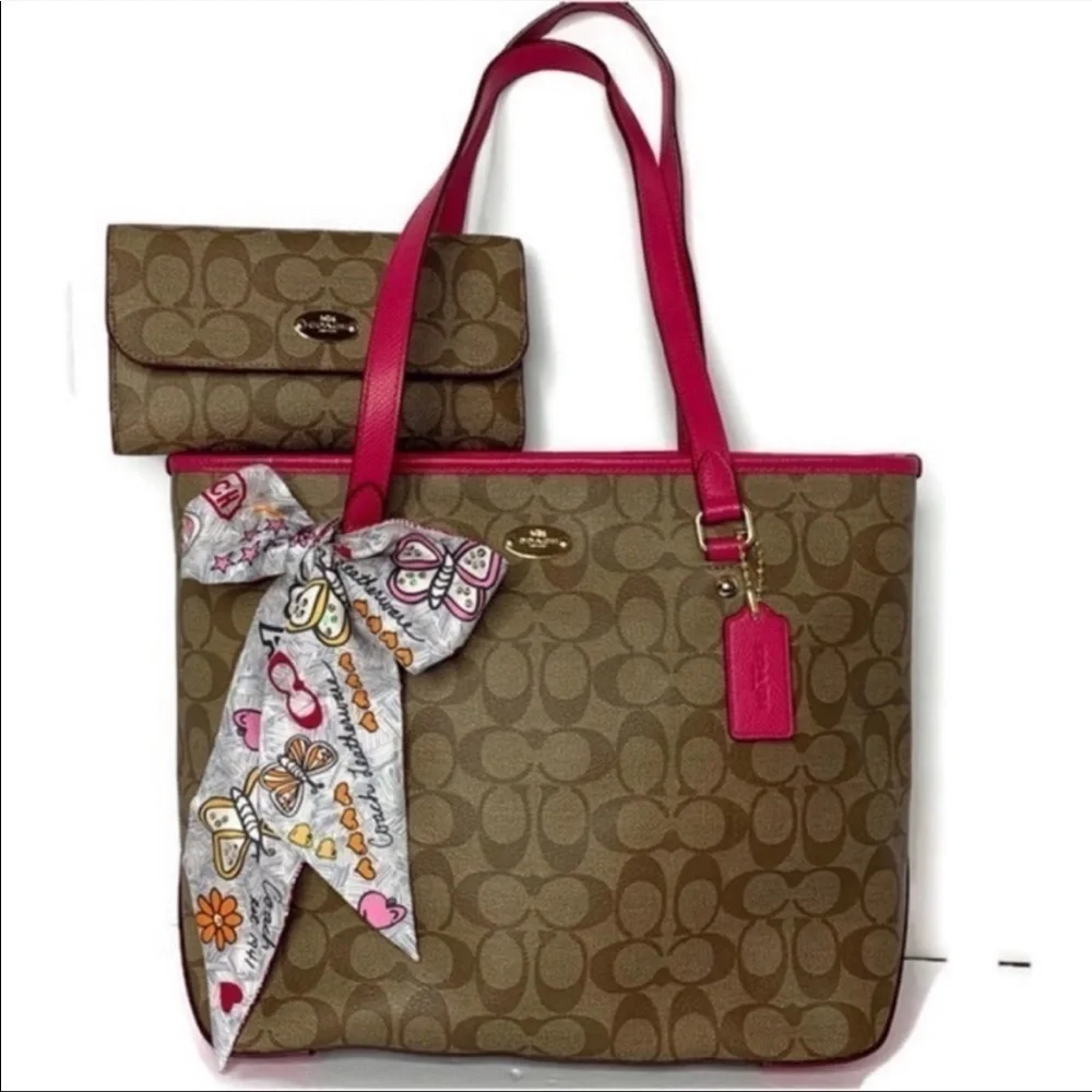 Coach Khaki Brown Pink Signature C Tote Bag Wallet Check Scarf Set 34603 Barbie